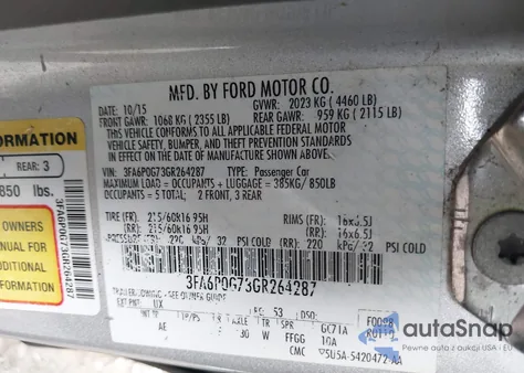 2016 Ford Fusion S из США, поврежденный, VIN 3FA6P0G73GR264287